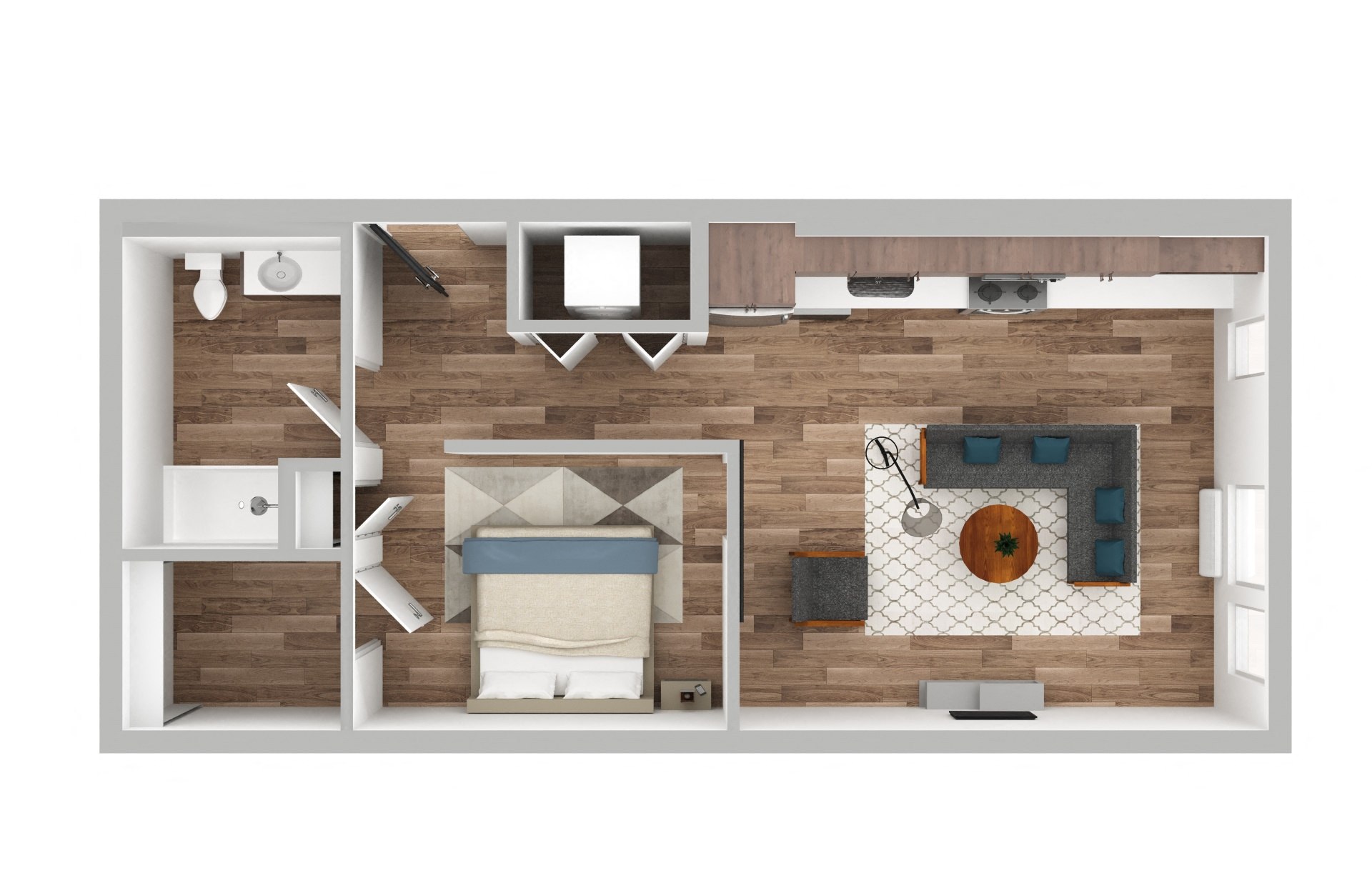 Floor plan for 1 bed, 1 bath, 668 sqft